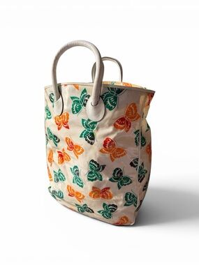 VTG Bottega Veneta Butterfly Print Tote Bag Canvas Leather Made in Italy Y2K